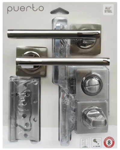 Комплект дверной фурнитуры PUERTO (ручка 514-02, защелка с/у, петли безВР), никель матовый/никель блестящий